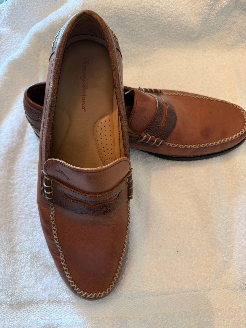 Tommy Bahama Brown Leather Penny Loafers with Textured Strap